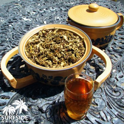 Bowl and Tea Cup of Mugwort Wild Crafted Leaf and Water Pot